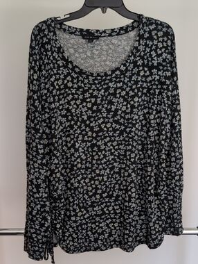 Lane Bryant Black Floral Scoop Neck Long Sleeve Top